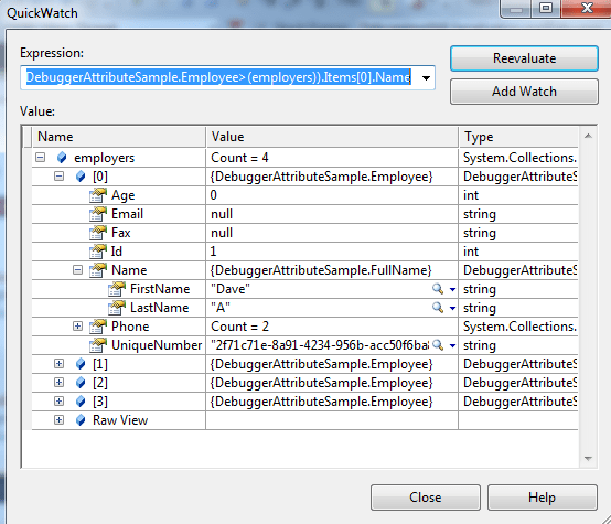 DebuggerBrowsableAttribute Quick Watch