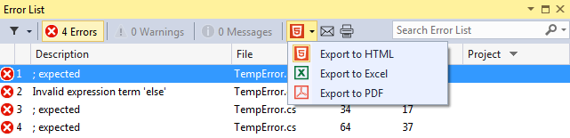 Error List Export as HTML PDF EXCEL Email Print from Visual Studio