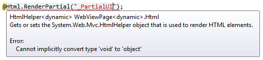 Razor Html.RenderPartial “Cannot implicitly convert type ‘void’ to ‘object’.”