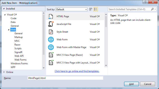 One ASP.NET Add New Item